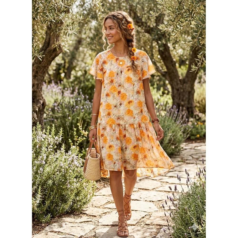 Boho Yellow Orange Floral Flutter Sleeve Drop Waist Shift Dress Cottage-core S